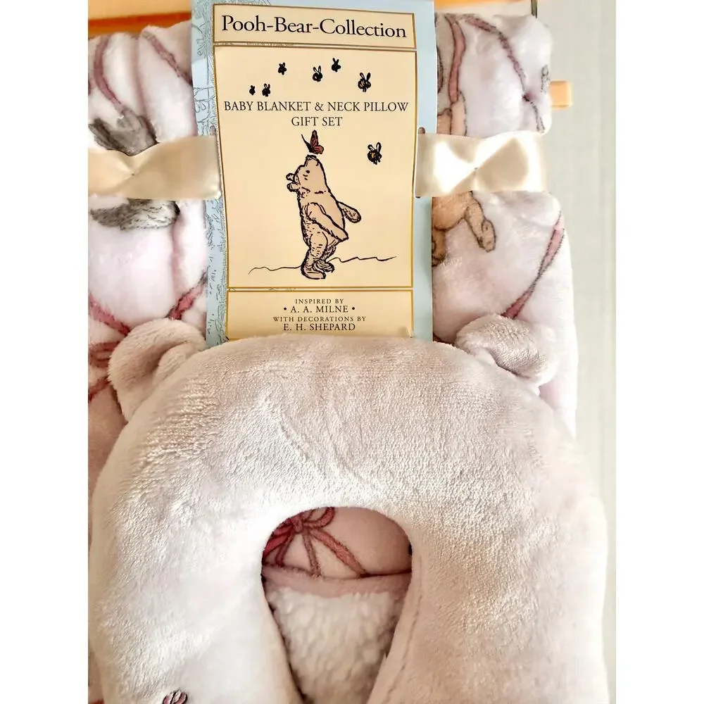 Pooh Bear Collection Winnie The Pooh Pink Ribbon Baby Blanket Neck Pillow Set